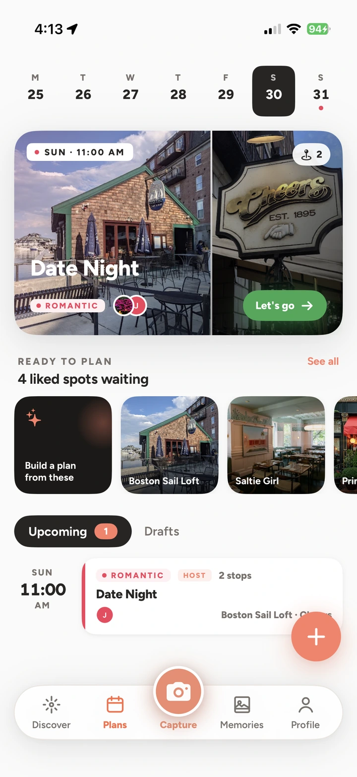 Spawt Plans home showing a Date Night plan and saved spots